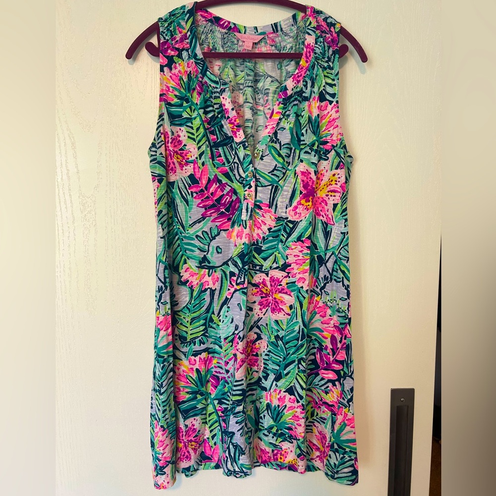 Lilly Pulitzer Green Teal Dress with Pink Floral Print